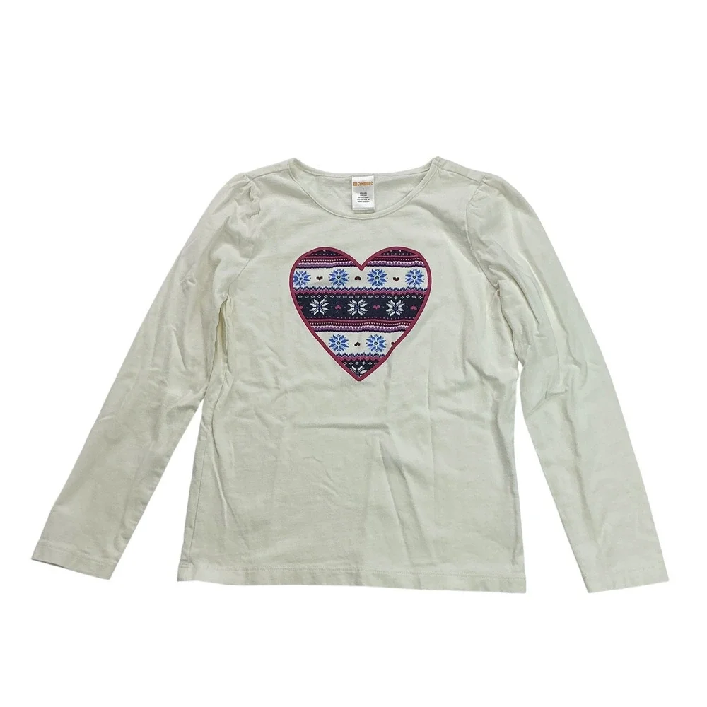 Gymboree Cream Heart Graphic Top Kids Size 7 Fair Isle Long Sleeve Tee